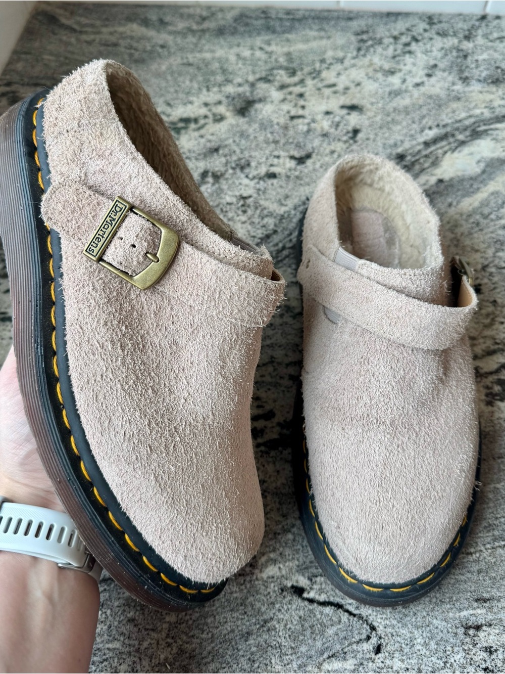 Dr. Martens Isham Faux Shearling Lined Suede Mules Vintage Taupe L9 EU 41 VGUC